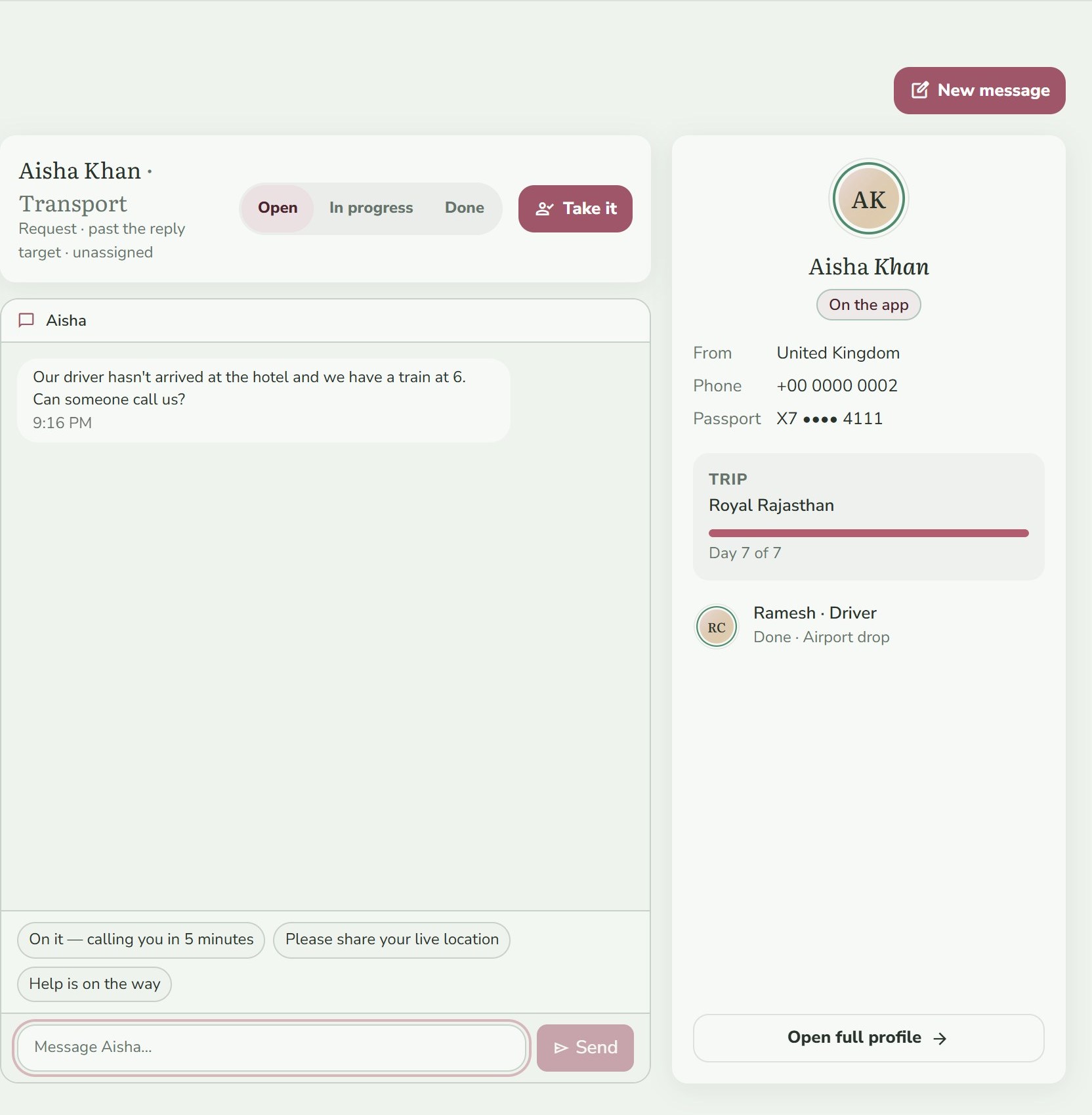 The office inbox with a traveller's thread, trip and driver side by side