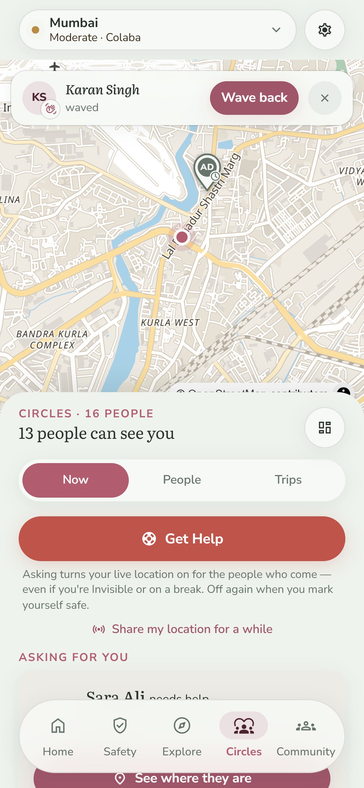 Circles: the living map with sixteen people, thirteen switched on